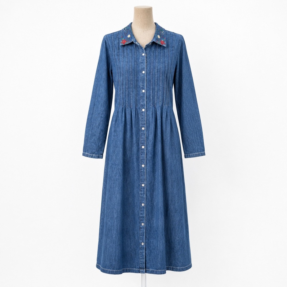 Vintage 90s Floral Embroidered Button Denim Maxi Dress 6 Cottage Teacher Prairie